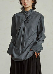 Grayish Blue Lace Up Solid Cotton Shirts Stand Collar
