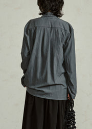 Grayish Blue Lace Up Solid Cotton Shirts Stand Collar