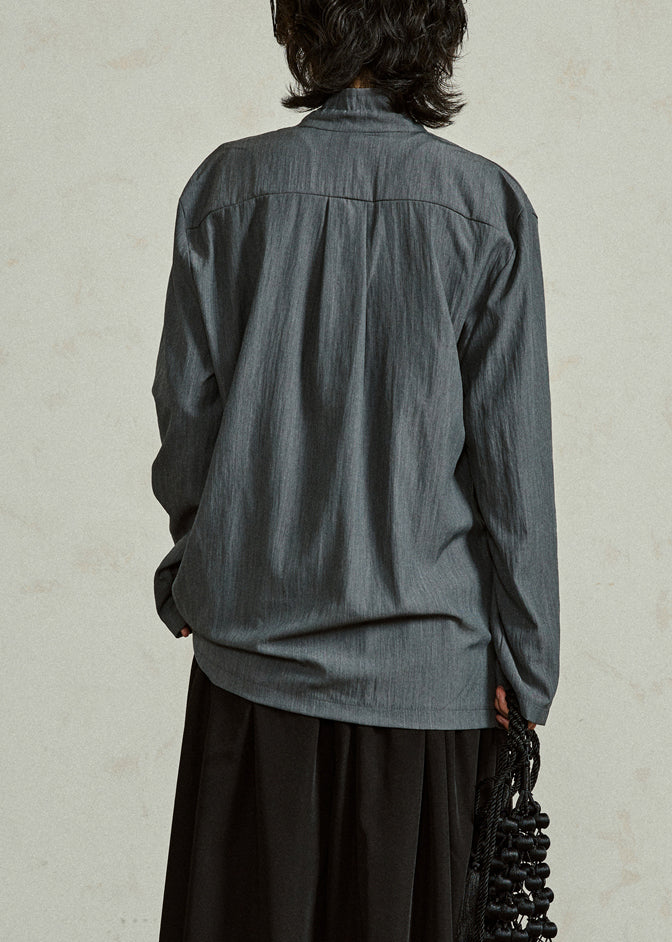 Grayish Blue Lace Up Solid Cotton Shirts Stand Collar