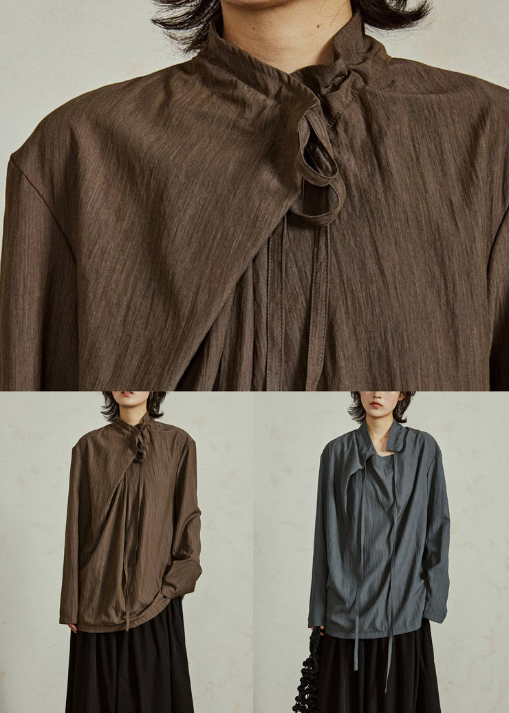Grayish Blue Lace Up Solid Cotton Shirts Stand Collar