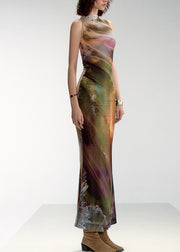 Green Asymmetrical Print Tulle Sleeveless Long Dress Turtleneck