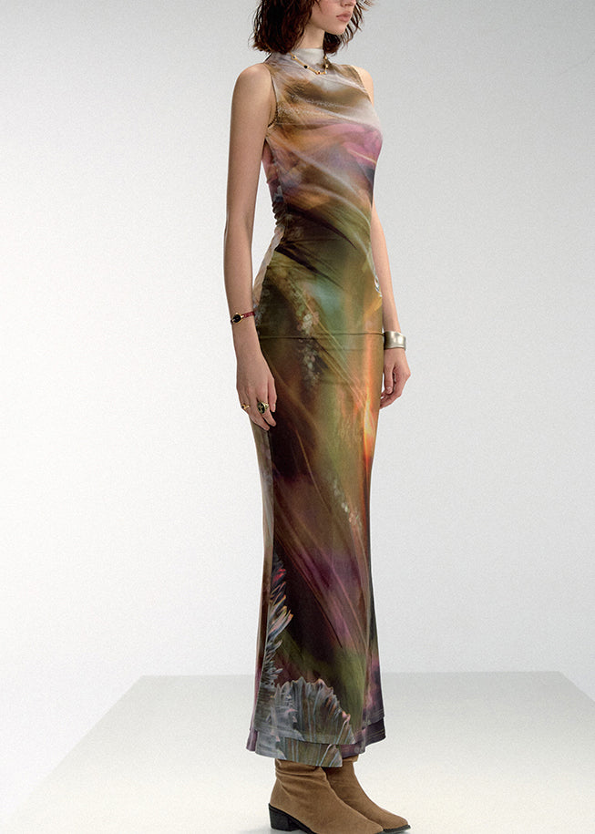 Green Asymmetrical Print Tulle Sleeveless Long Dress Turtleneck