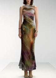 Green Asymmetrical Print Tulle Sleeveless Long Dress Turtleneck
