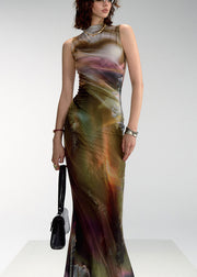 Green Asymmetrical Print Tulle Sleeveless Long Dress Turtleneck
