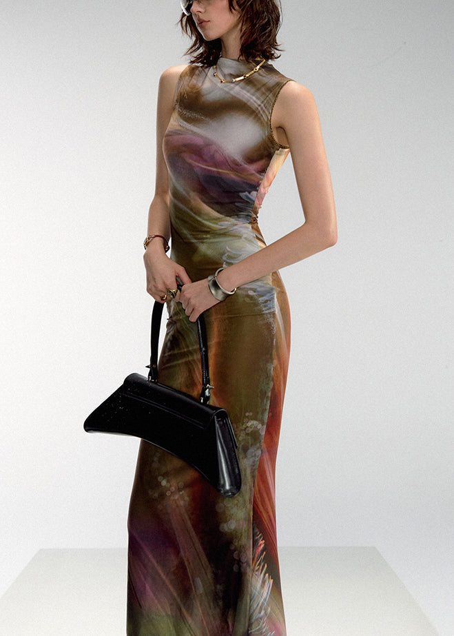 Green Asymmetrical Print Tulle Sleeveless Long Dress Turtleneck