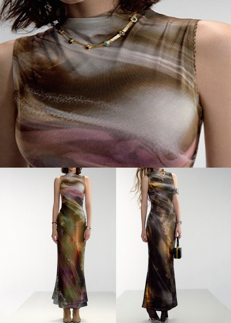 Green Asymmetrical Print Tulle Sleeveless Long Dress Turtleneck