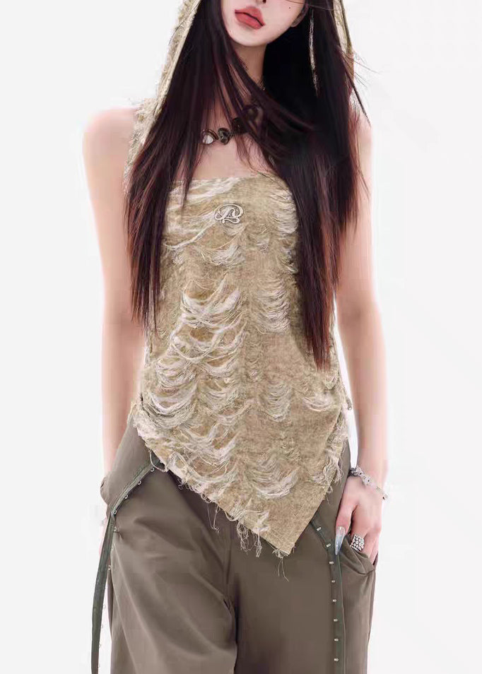 Green Backless Original Design Cotton Sleeveless Top Hooded