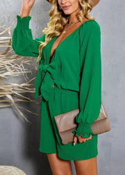 Green Bow Pockets Elastic Waist Jumpsuit Lantern Sleeve