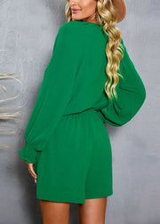 Green Bow Pockets Elastic Waist Jumpsuit Lantern Sleeve