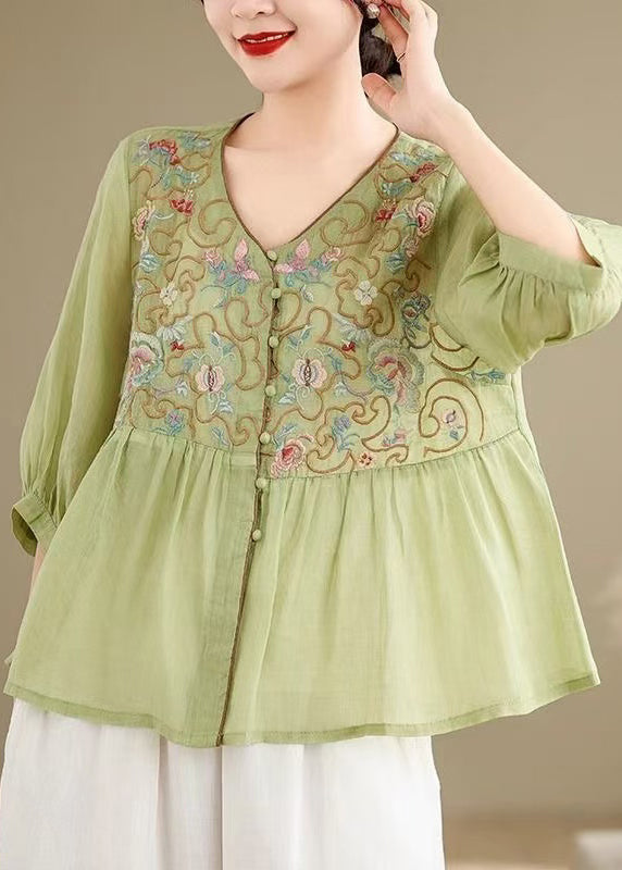 Green Button Linen Embroidered Bracelet Sleeve