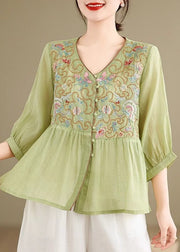 Green Button Linen Embroidered Bracelet Sleeve