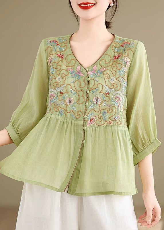 Green Button Linen Embroidered Bracelet Sleeve