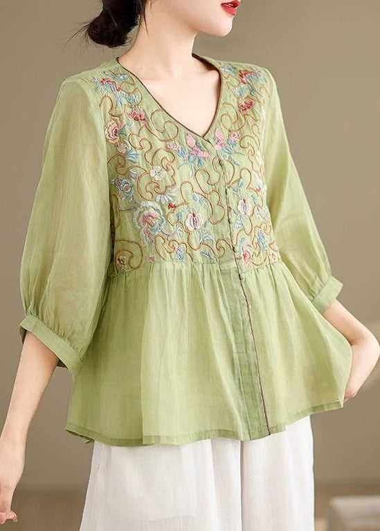 Green Button Linen Embroidered Bracelet Sleeve