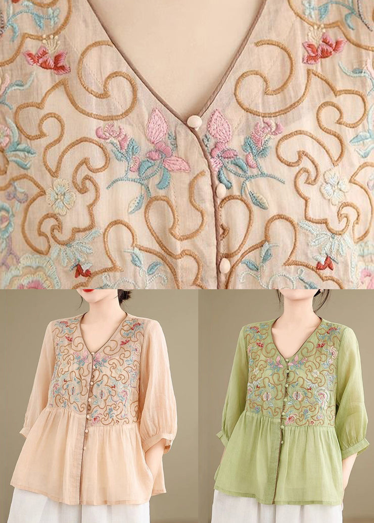 Green Button Linen Embroidered Bracelet Sleeve