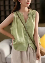 Green Button Patchwork Linen Sleeveless Shirts V Neck