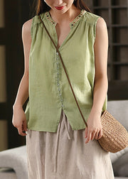 Green Button Patchwork Linen Sleeveless Shirts V Neck