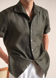 Green Button Pockets Solid Cotton Men Shirts Peter Pan Collar
