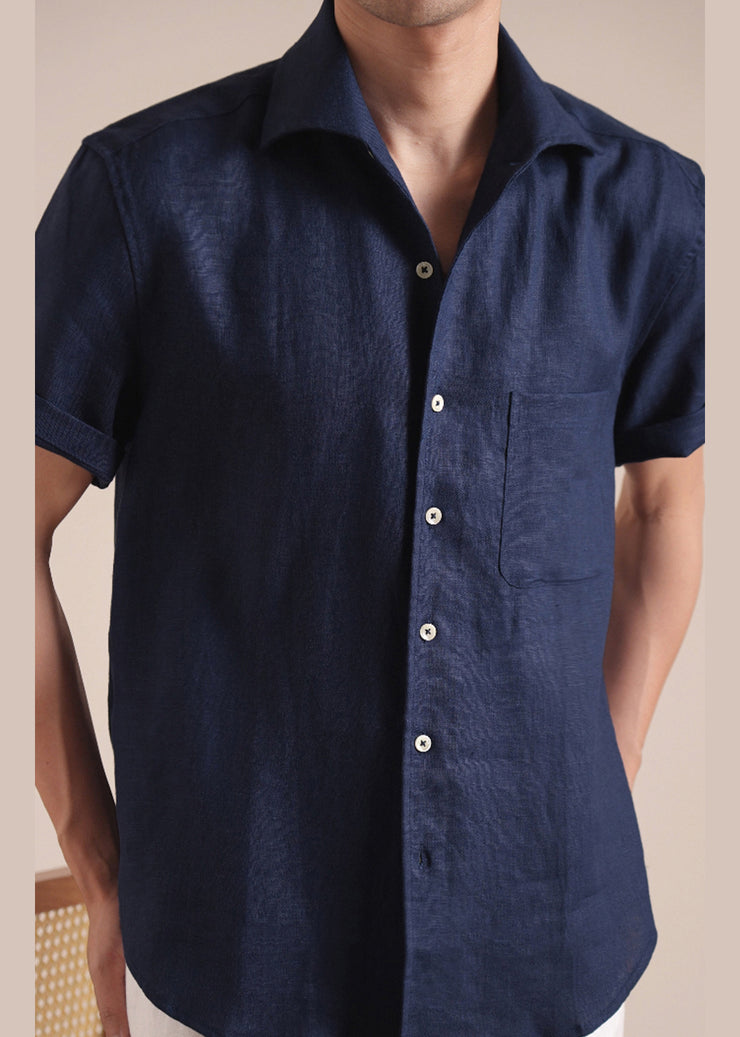 Green Button Pockets Solid Cotton Men Shirts Peter Pan Collar