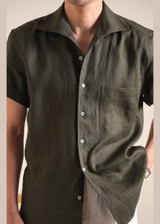 Green Button Pockets Solid Cotton Men Shirts Peter Pan Collar