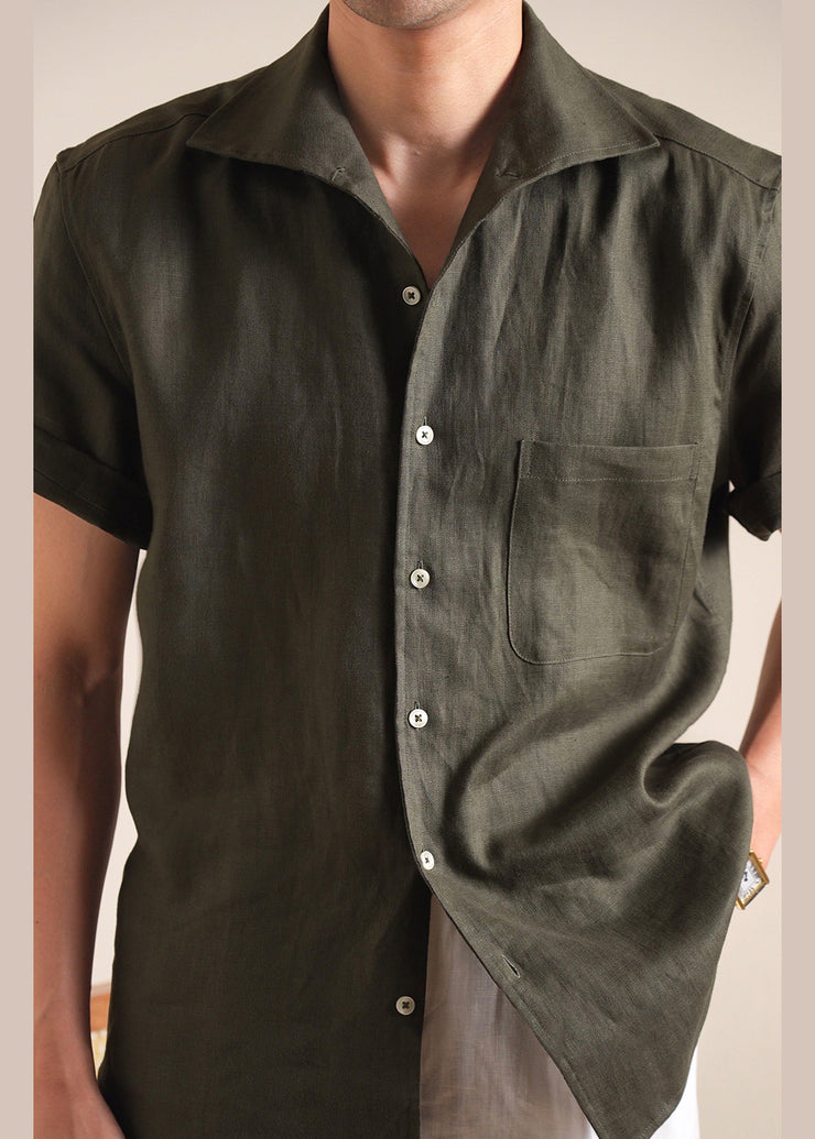 Green Button Pockets Solid Cotton Men Shirts Peter Pan Collar