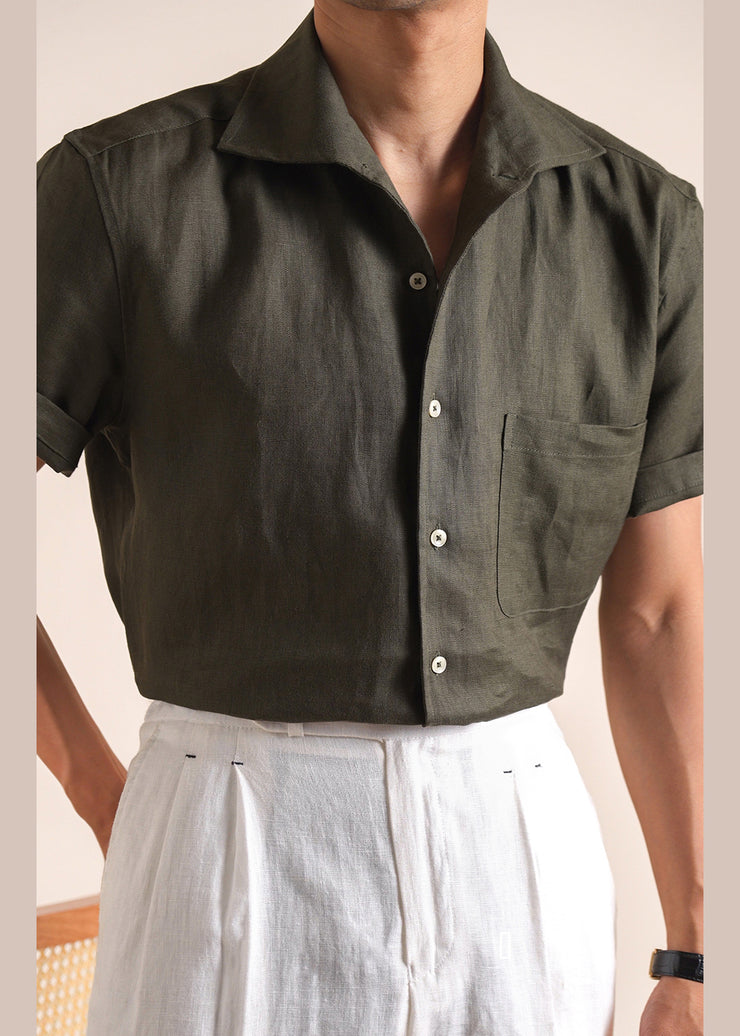 Green Button Pockets Solid Cotton Men Shirts Peter Pan Collar