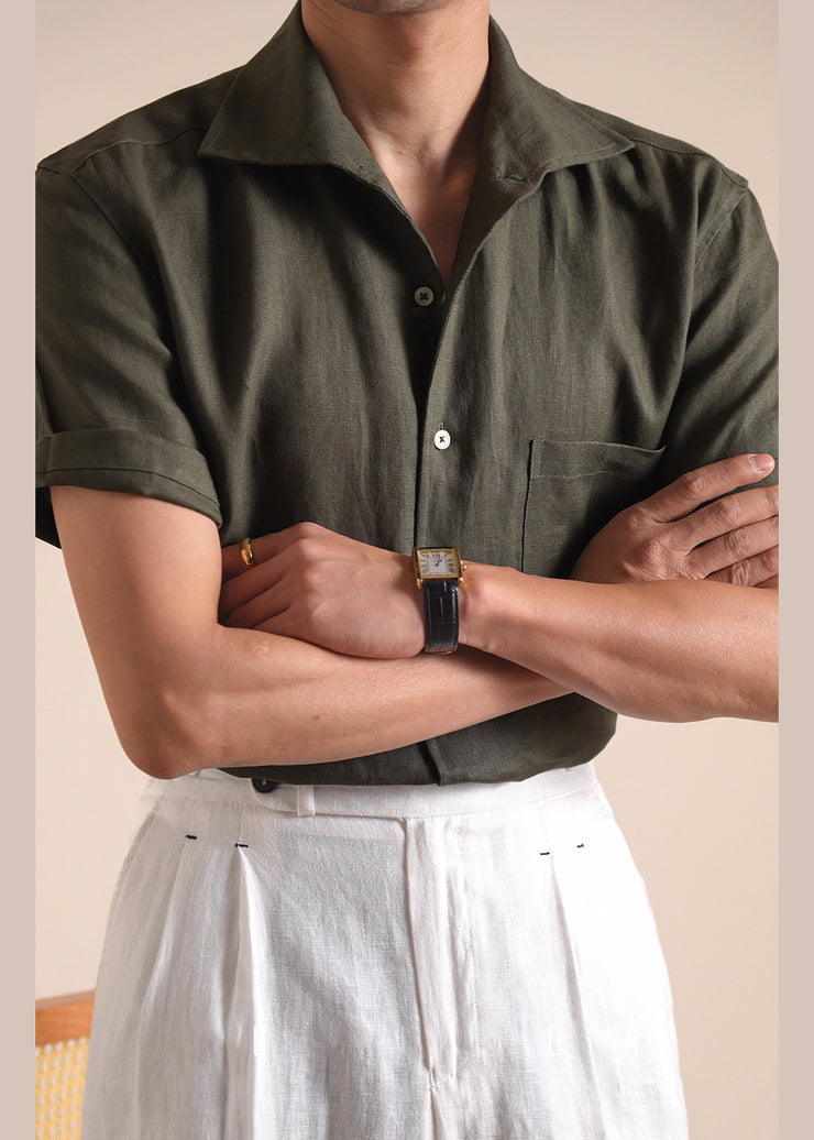 Green Button Pockets Solid Cotton Men Shirts Peter Pan Collar