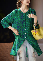 Green Button Side Open Chiffon Blouses O Neck Fall