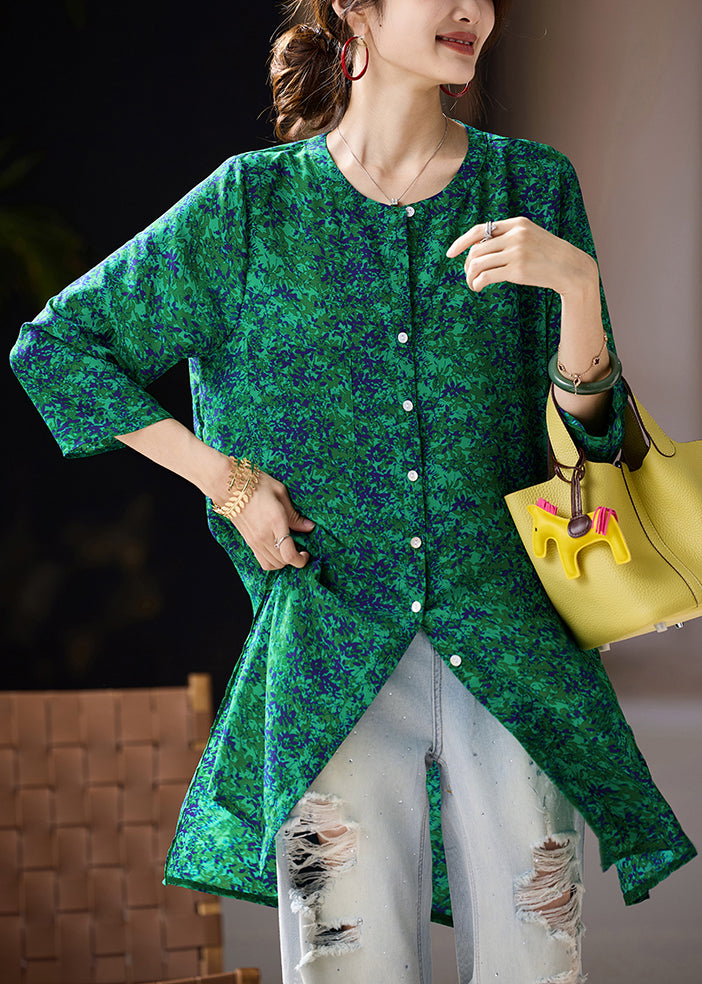 Green Button Side Open Chiffon Blouses O Neck Fall