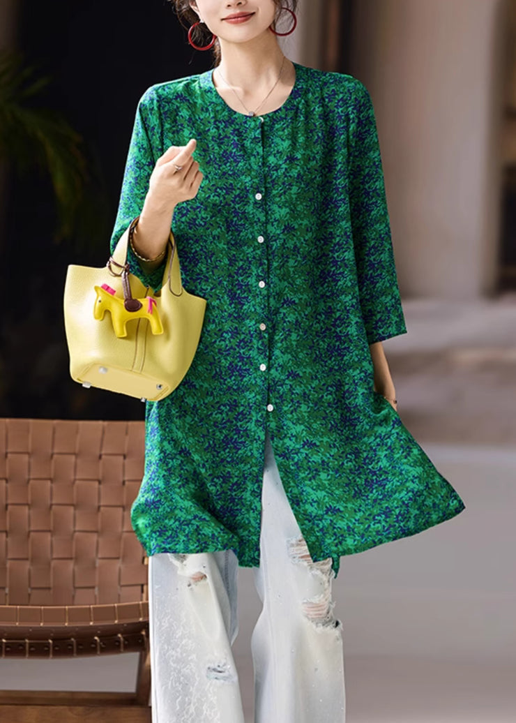 Green Button Side Open Chiffon Blouses O Neck Fall