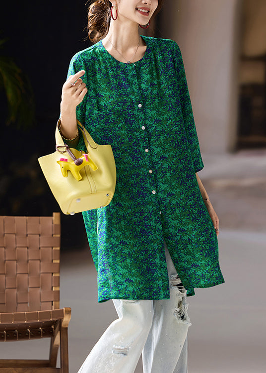 Green Button Side Open Chiffon Blouses O Neck Fall