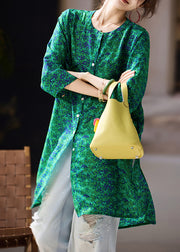 Green Button Side Open Chiffon Blouses O Neck Fall