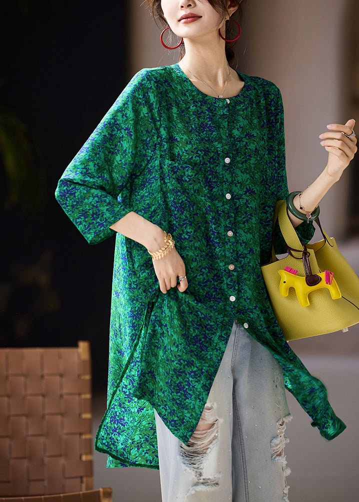 Green Button Side Open Chiffon Blouses O Neck Fall