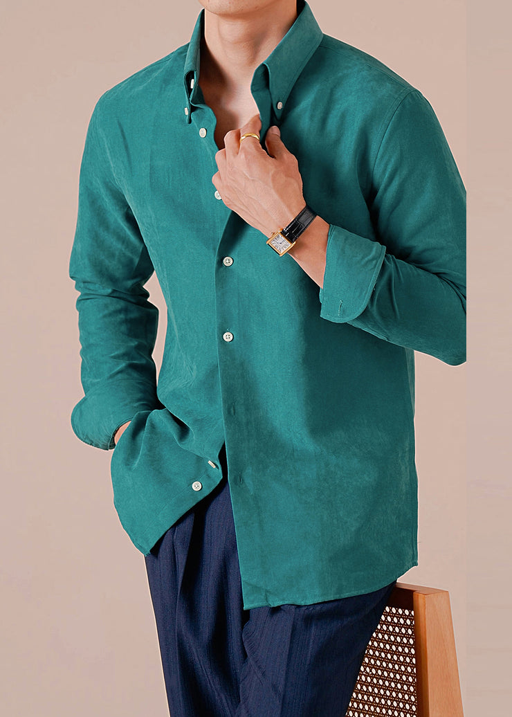 Green Button Solid Cotton Shirt Men Peter Pan Collar Long Sleeve
