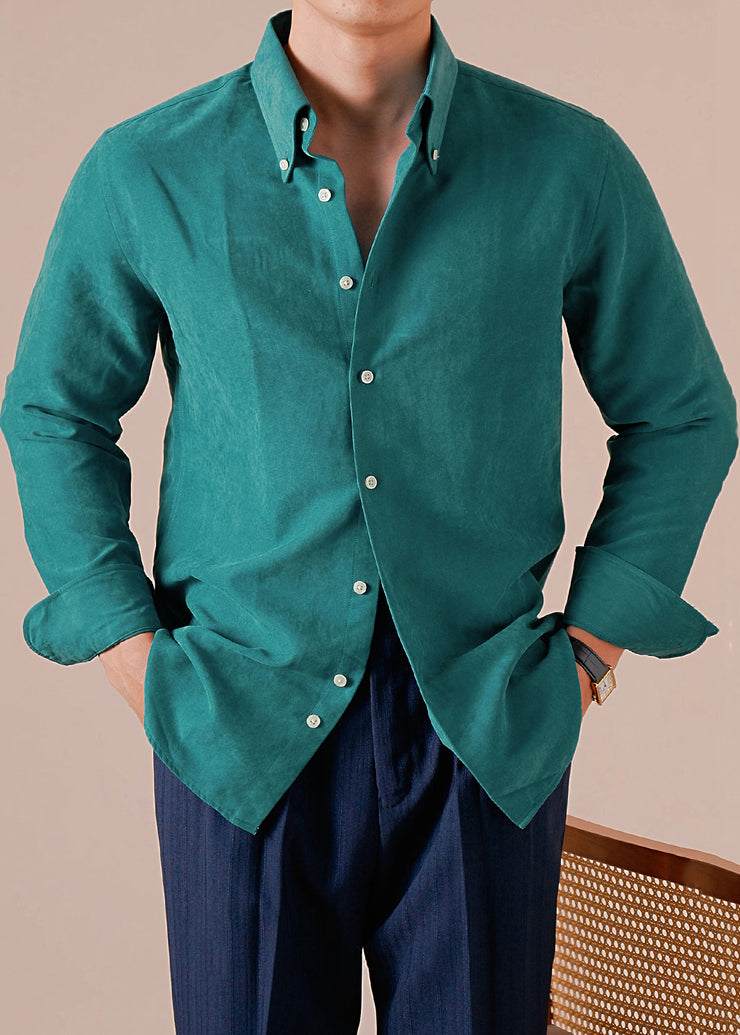 Green Button Solid Cotton Shirt Men Peter Pan Collar Long Sleeve