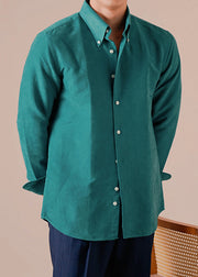 Green Button Solid Cotton Shirt Men Peter Pan Collar Long Sleeve