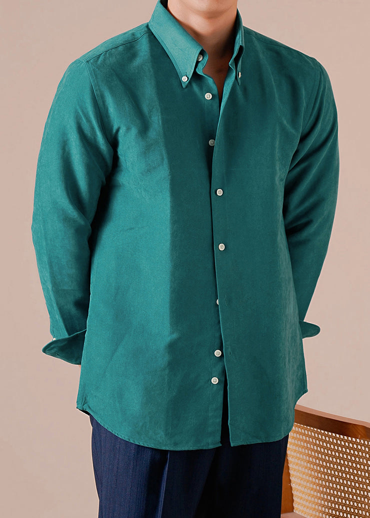 Green Button Solid Cotton Shirt Men Peter Pan Collar Long Sleeve