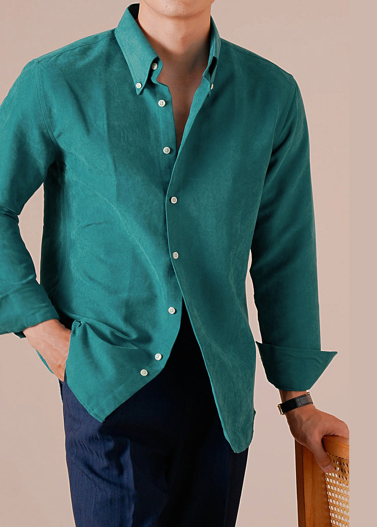 Green Button Solid Cotton Shirt Men Peter Pan Collar Long Sleeve