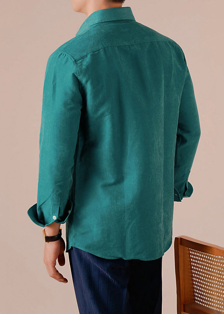 Green Button Solid Cotton Shirt Men Peter Pan Collar Long Sleeve