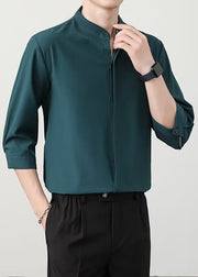Green Button Solid Half Sleeve Shirt Men Stand Collar