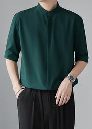 Green Button Solid Half Sleeve Shirt Men Stand Collar