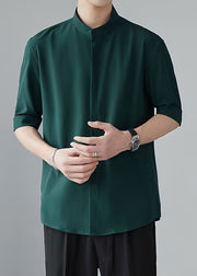 Green Button Solid Half Sleeve Shirt Men Stand Collar