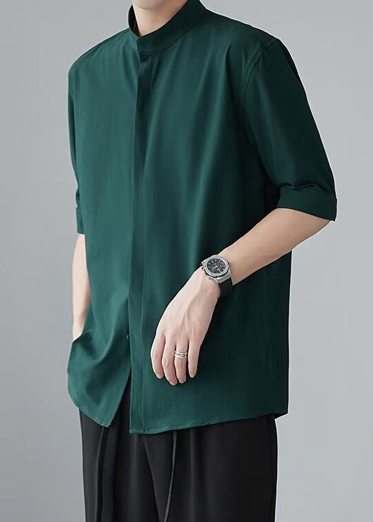 Green Button Solid Half Sleeve Shirt Men Stand Collar