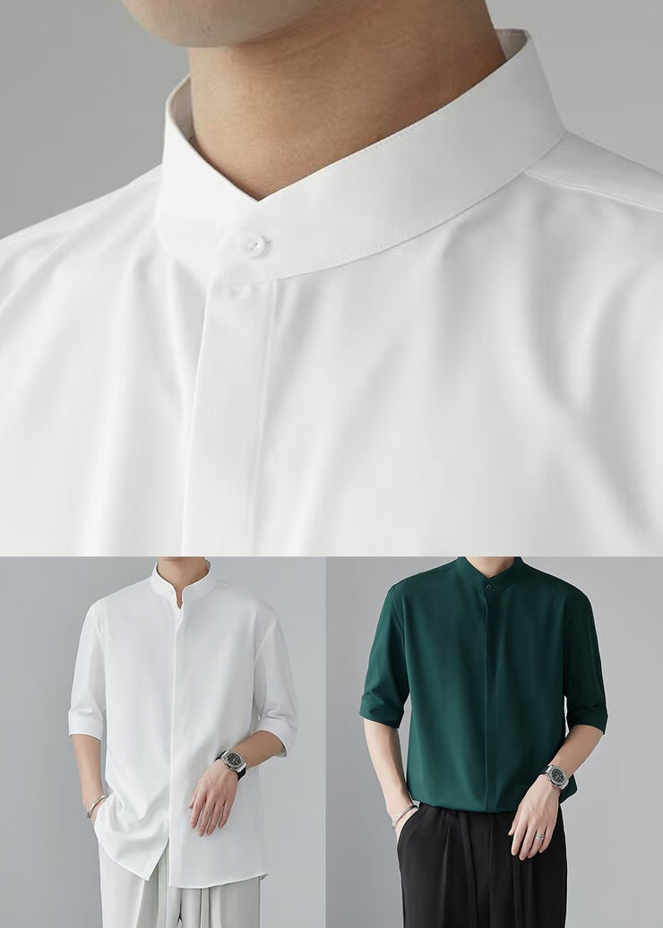 Green Button Solid Half Sleeve Shirt Men Stand Collar