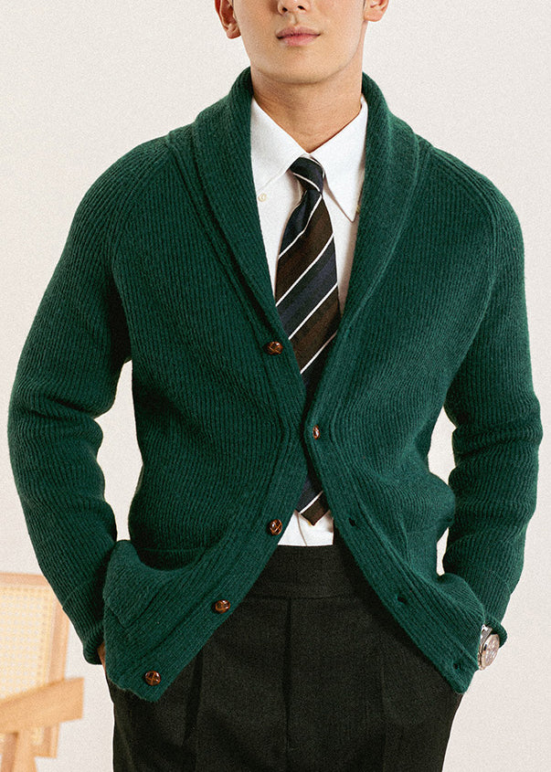 Green Button Solid Knit Men Cardigan Peter Pan Collar
