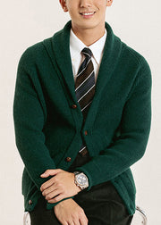 Green Button Solid Knit Men Cardigan Peter Pan Collar