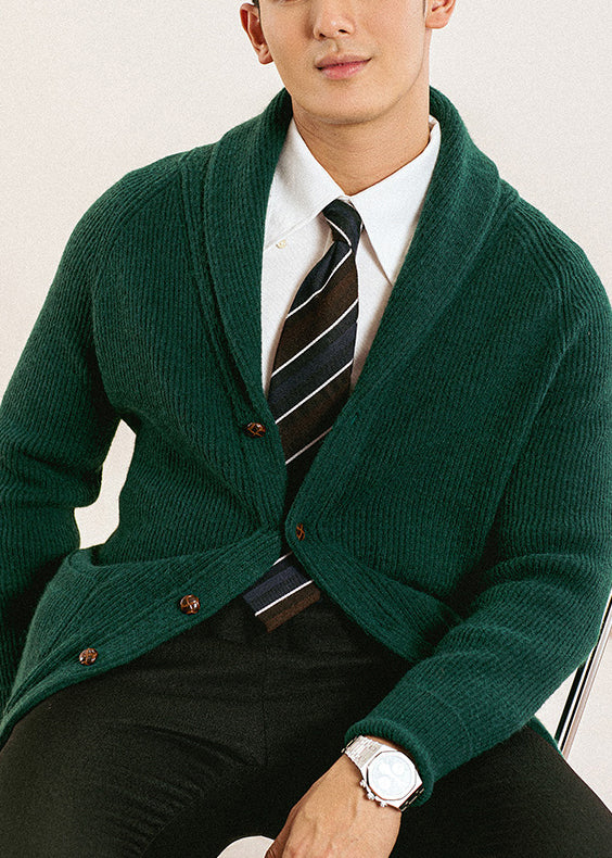 Green Button Solid Knit Men Cardigan Peter Pan Collar