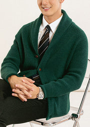 Green Button Solid Knit Men Cardigan Peter Pan Collar