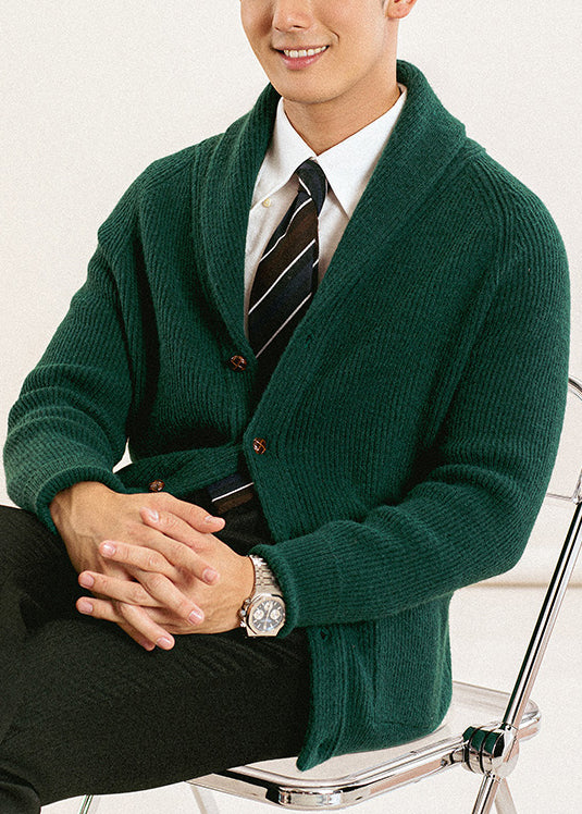 Green Button Solid Knit Men Cardigan Peter Pan Collar