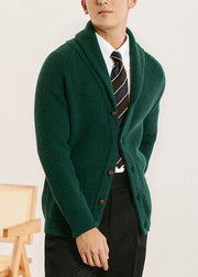 Green Button Solid Knit Men Cardigan Peter Pan Collar