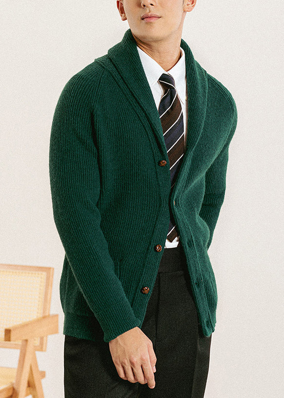 Green Button Solid Knit Men Cardigan Peter Pan Collar